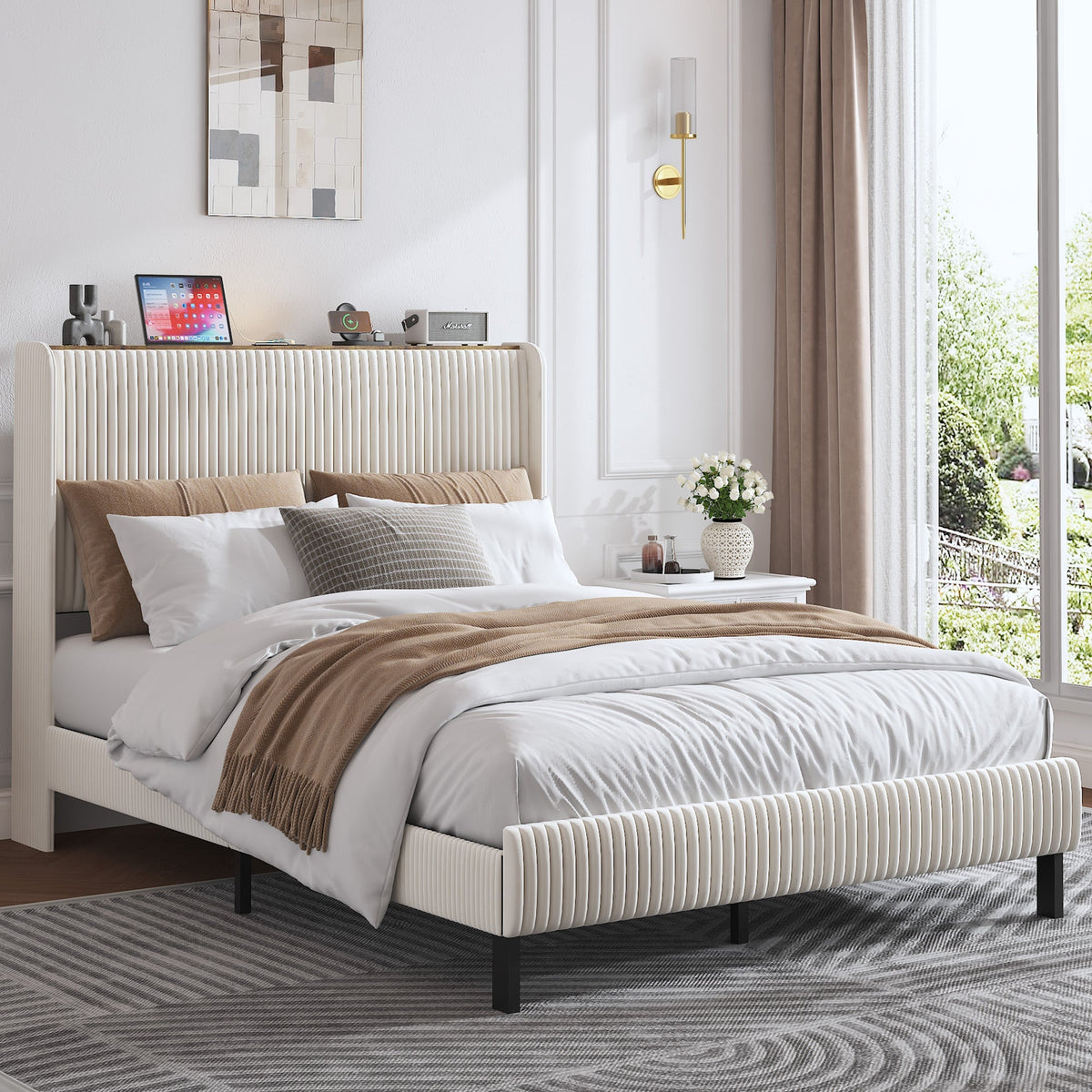 Bed Frame 140x200 Upholstered Platform Wing Edge Design Metal Slats Fabric Headboard