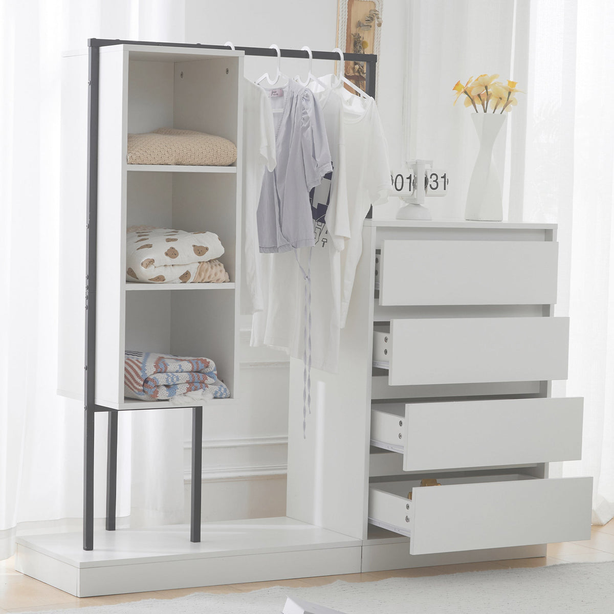 Drawer Cabinet Wardrobe Set Sideboard Clothes Rail W140/W40/H135 White