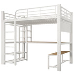 Loft Bed 140x200cm with LED, Storage Stairs & Grid, White Metal