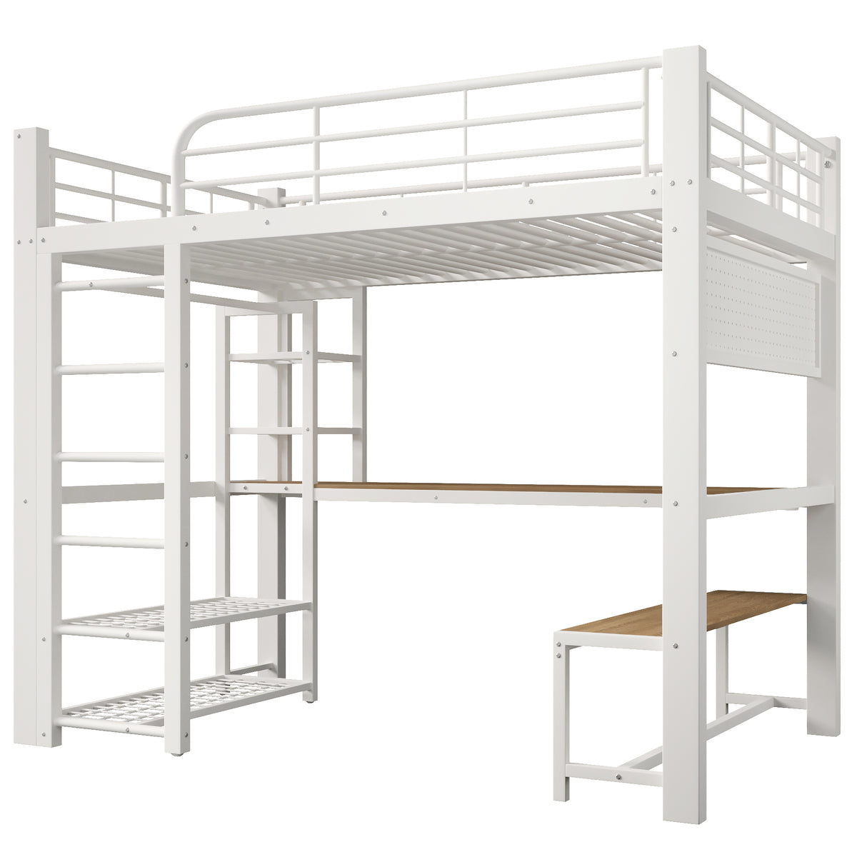Loft Bed 140x200cm with LED, Storage Stairs & Grid, White Metal