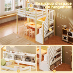 Loft Bed 90x200cm with LED Lights & Storage Ladder, White+Natural
