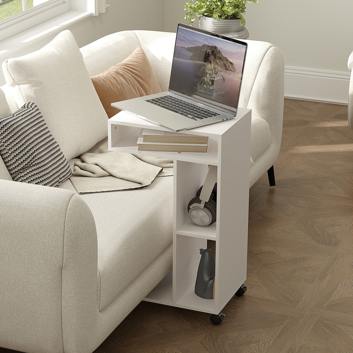 Side Table with Wheels, 4 Shelves, White