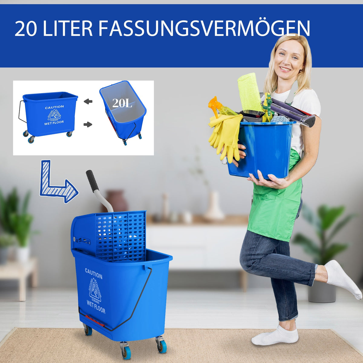 Cleaning Cart, 20L with Spin and Separator, Blue