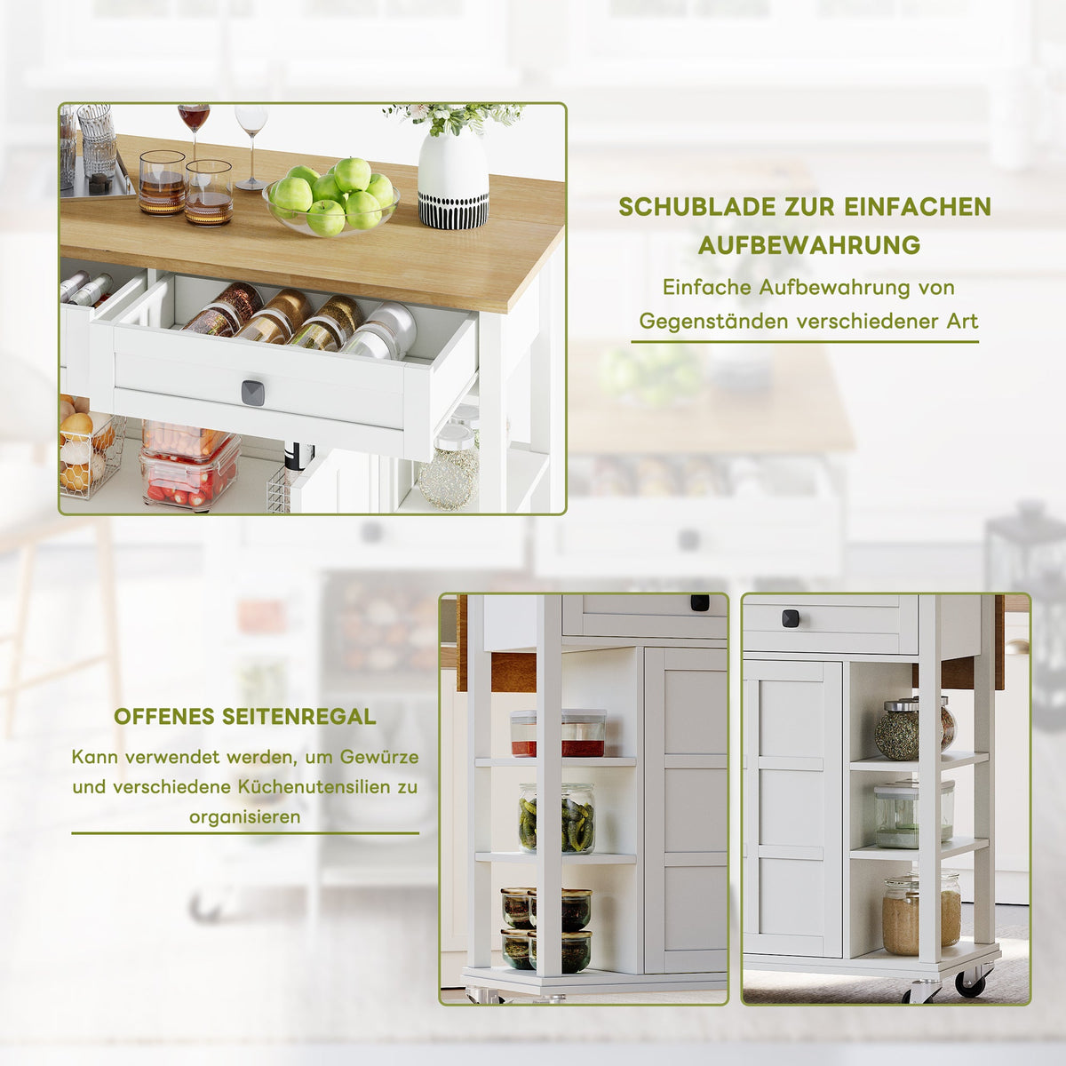 Multifunctional Kitchen Trolley, Fold-Down Worktop, 2 Drawers, On Wheels, Wood