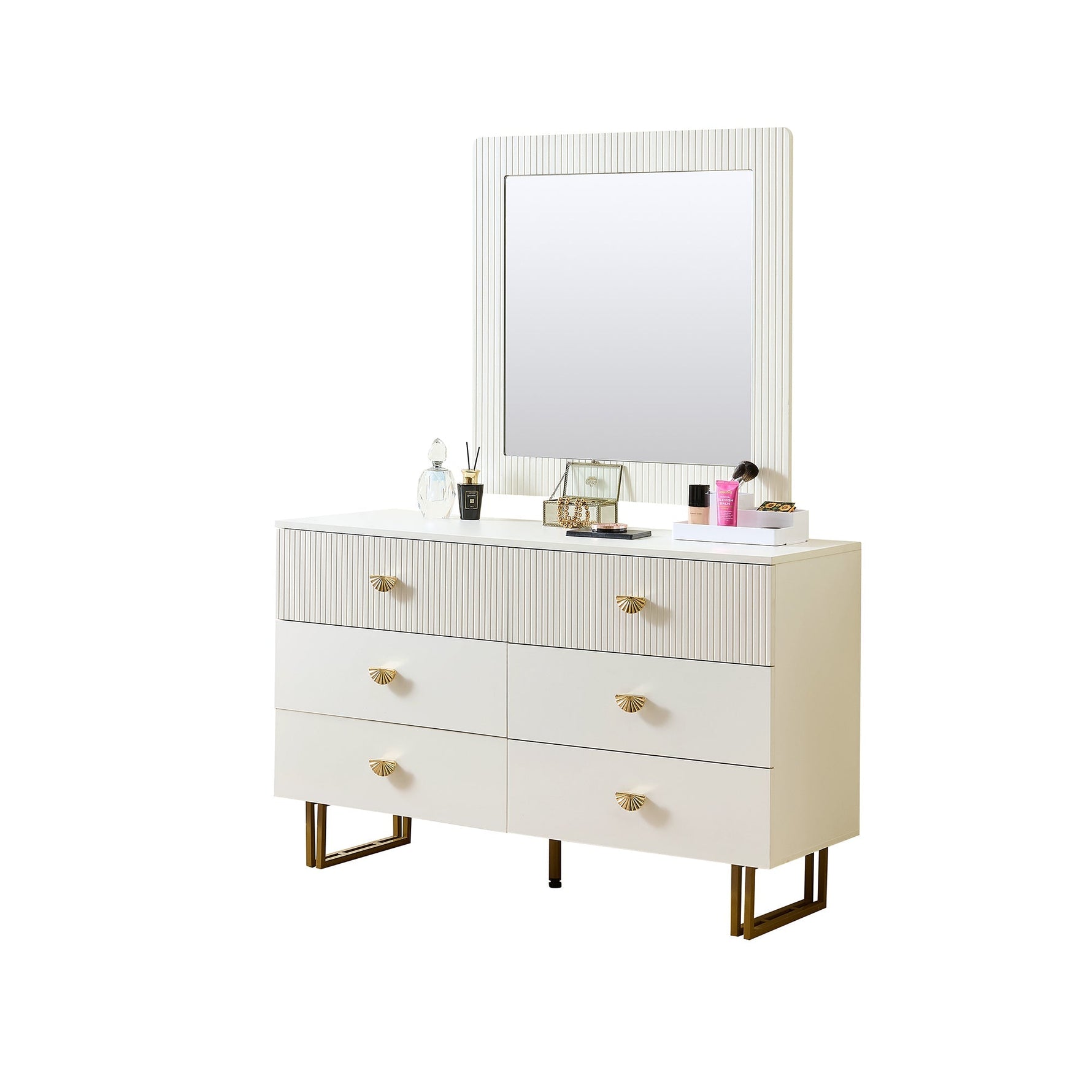 Modern Sideboard and Mirror Set, 6-Drawer Chest, White