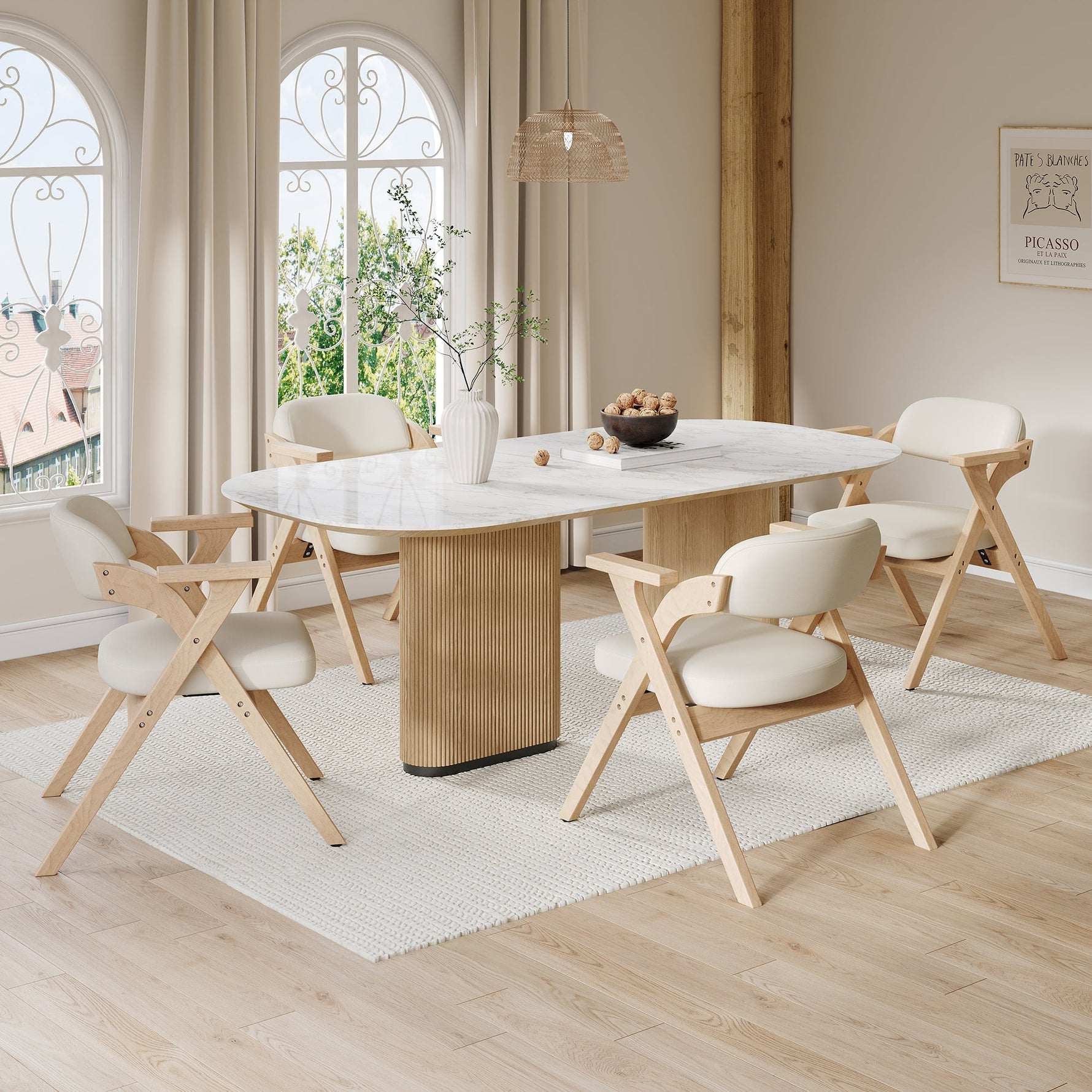 Set of 2 Folding Dining Chairs, Solid Wood and Breathable, Beige Linen