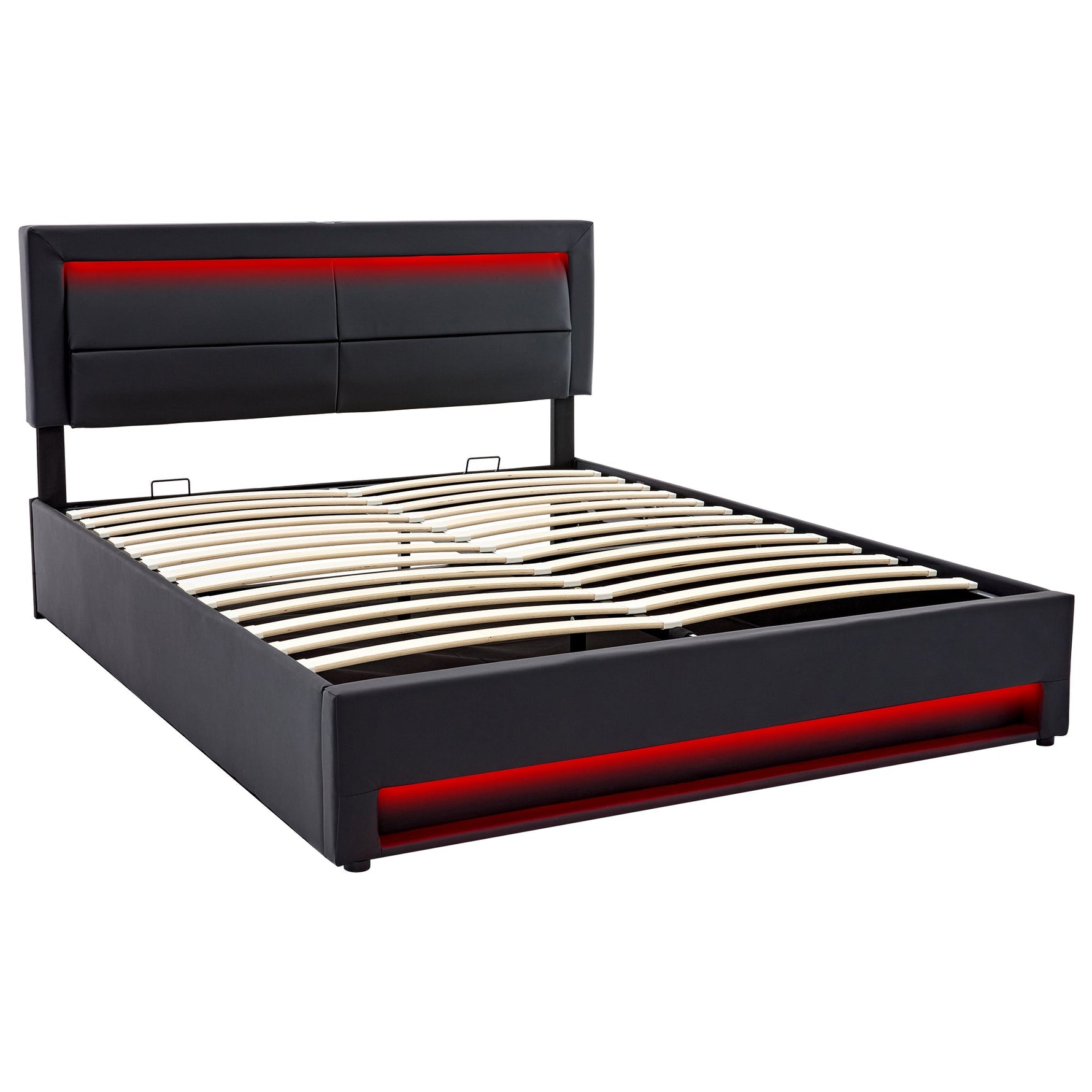 Upholstered Bed with USB, LED and Storage, 160x200cm, Black PU Lychee Pattern