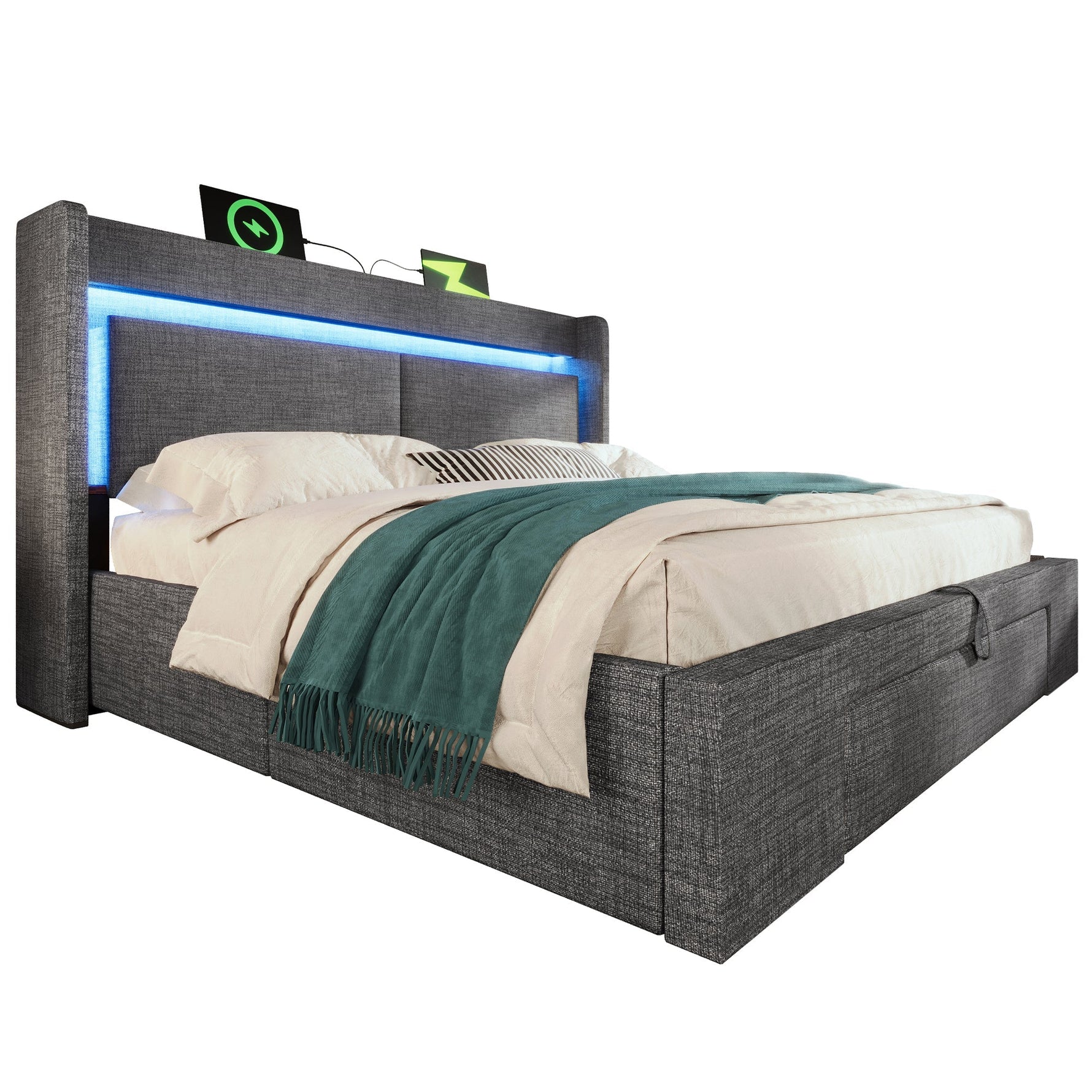 Upholstered Bed 140x200cm Hydraulic Storage Headboard LED USB/USB-C Linen Grey