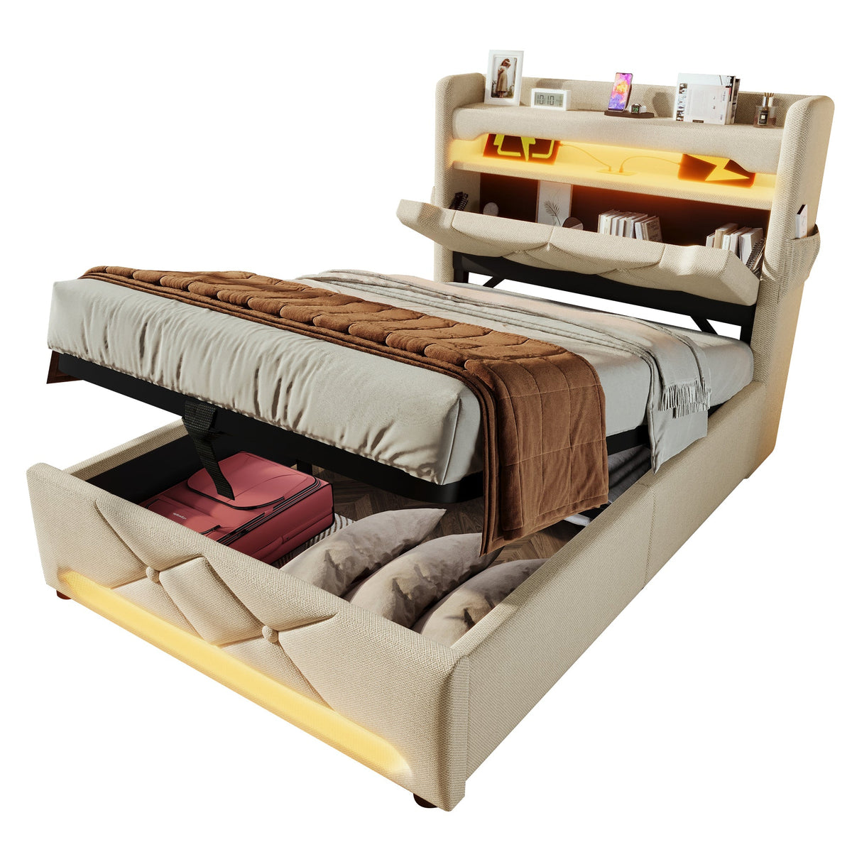 Upholstered Single Bed 90x200 Hydraulic Storage Headboard with USB/Type C & 360° LED Lighting, Beige Linen