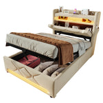 Upholstered Single Bed 90x200 Hydraulic Storage LED/USB Headboard, Beige Linen