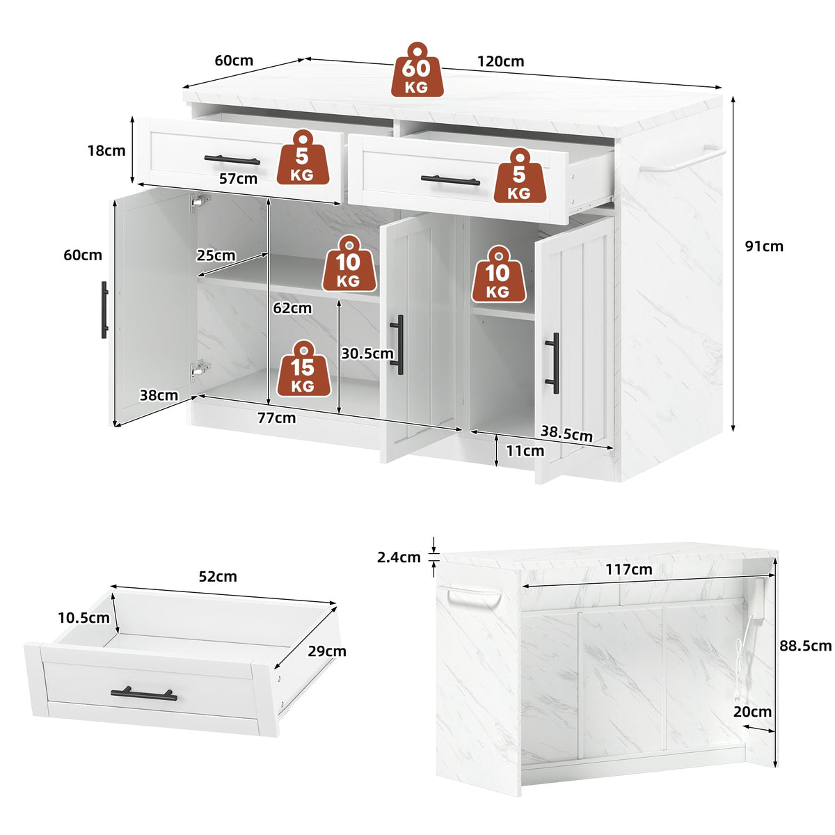 Kitchen Island with Power Outlets USB Adjustable Shelves, White