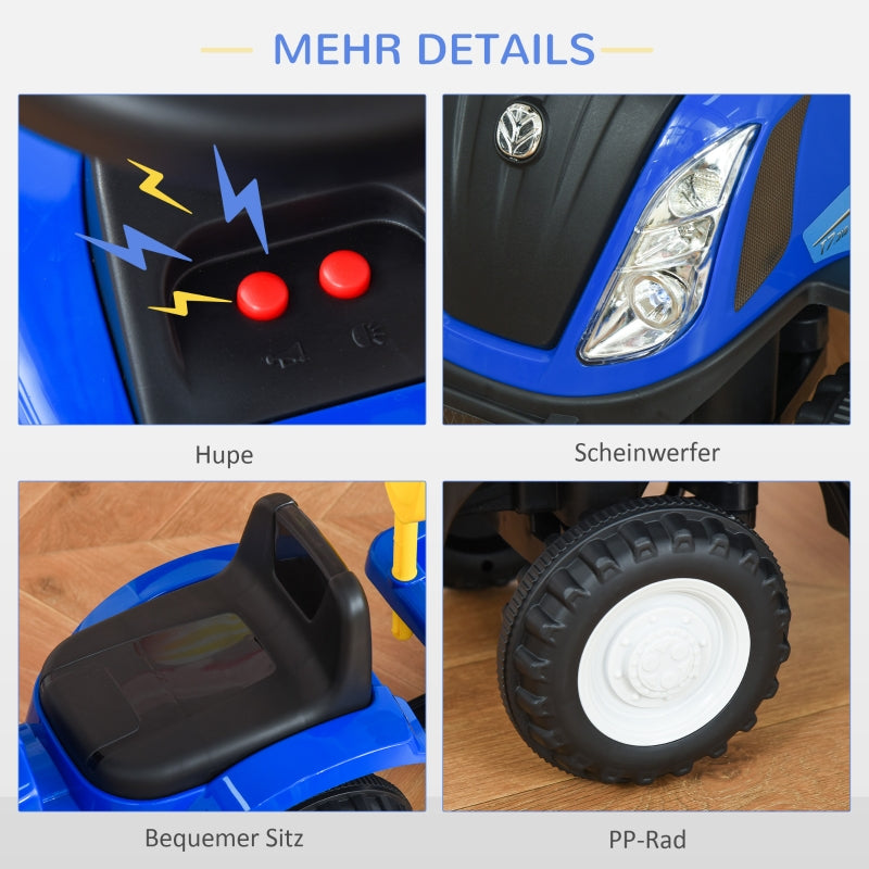 Ride-on Tractor with Trailer, Horn and Sand Toy, Blue Plastic and Metal