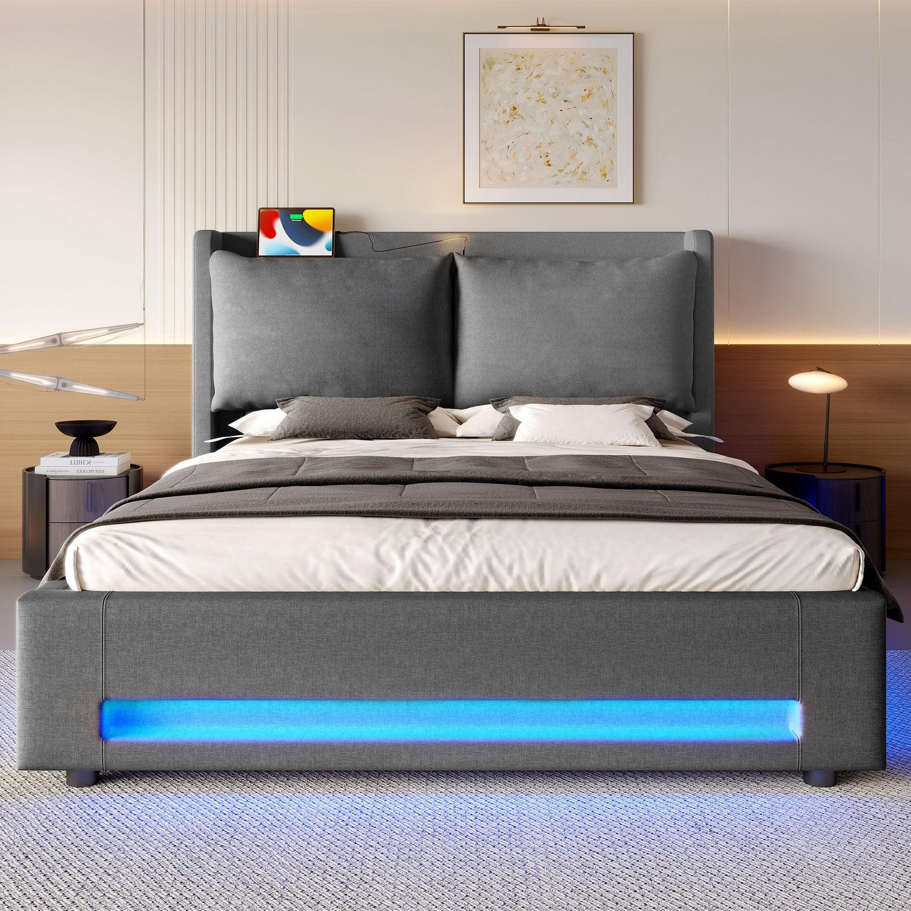 Modern Upholstered Bed 140x200cm Storage LED USB-C Headboard