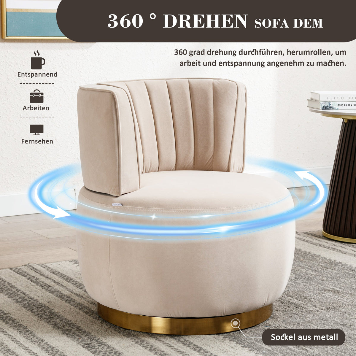 Swivel Chair 360° Round Velvet Barrel - Beige
