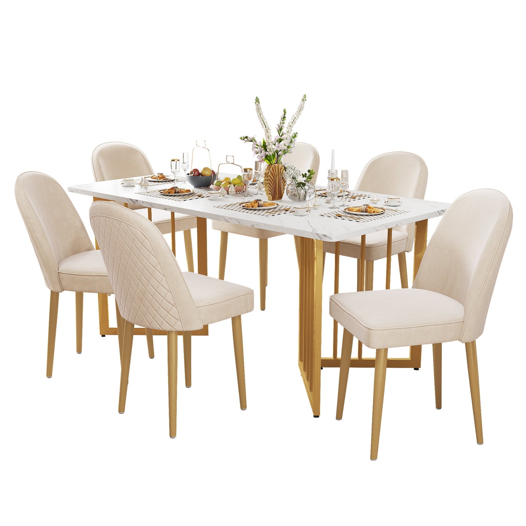 6 Dining Chairs Modern Gold Metal Legs Beige Velvet
