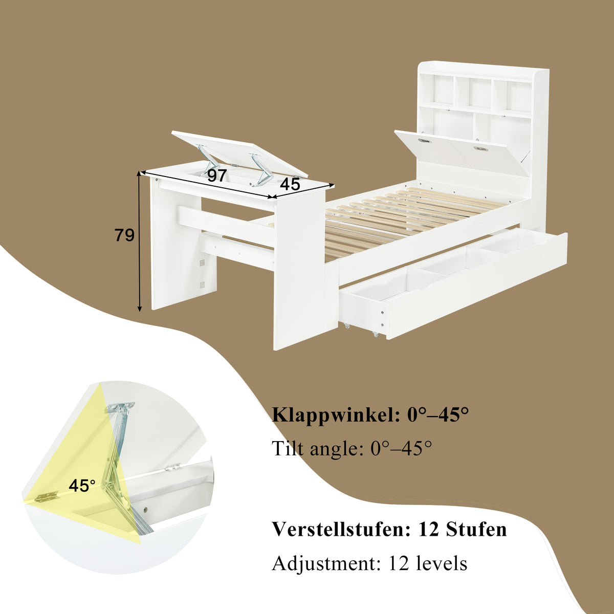 Children's Single Bed 90x200 with Storage Shelf in White Wood