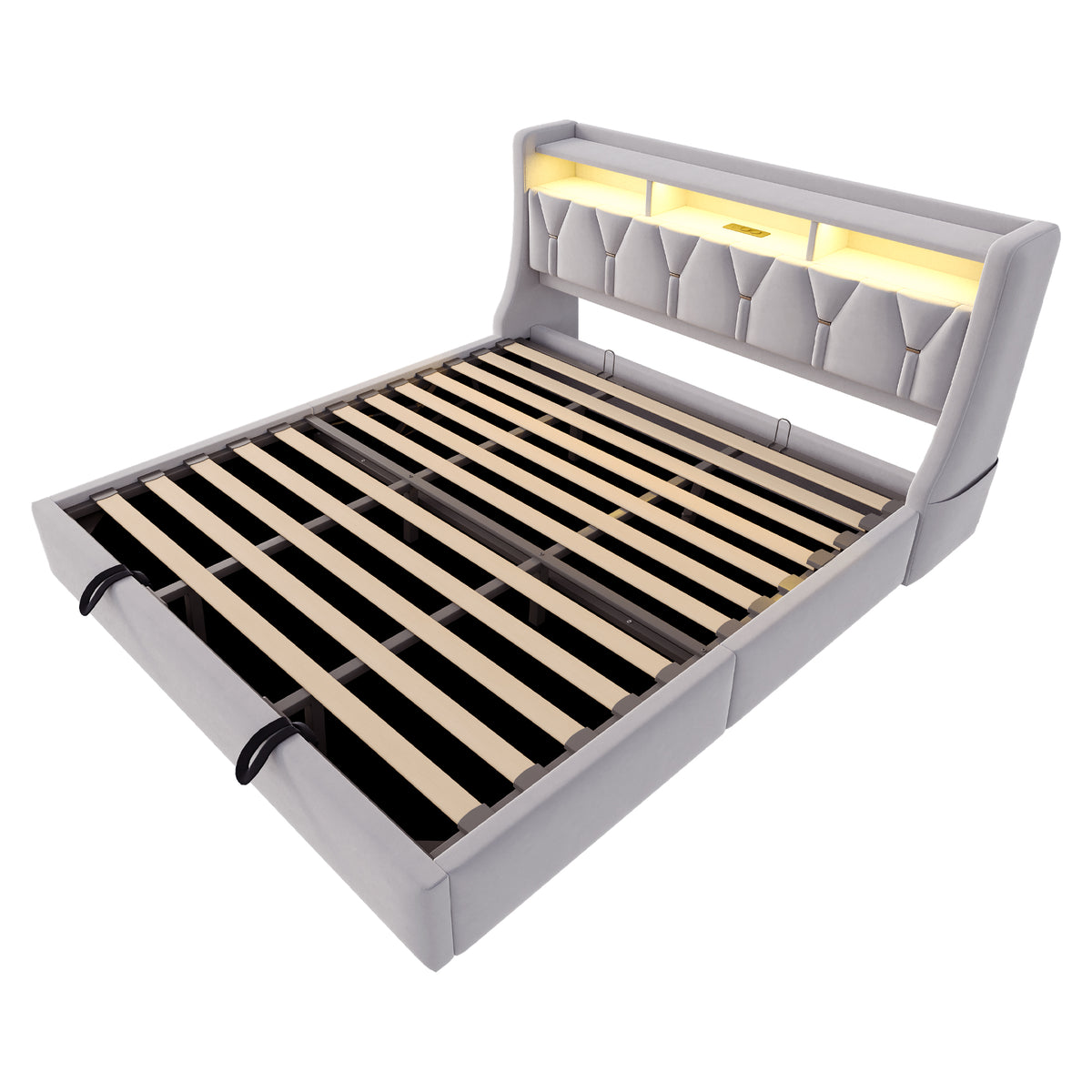 Upholstered Storage Bed 180x200cm with LED, Light Grey Velvet