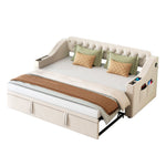 Upholstered Sofa Bed, 90/180*190cm, USB Charging, Storage, Velvet Beige