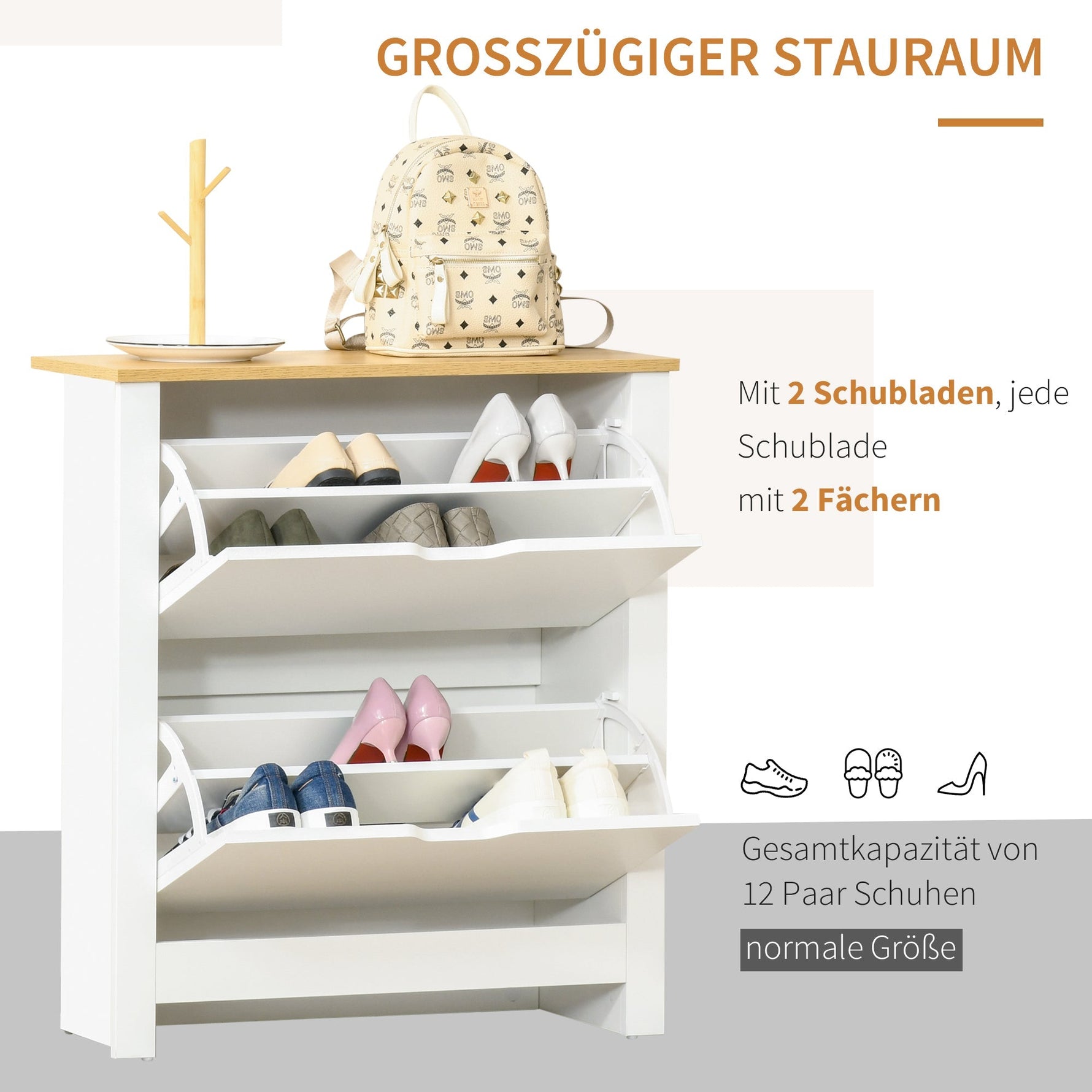 Shoe Cabinet with 2 Doors for 12 Pairs, White+Natural