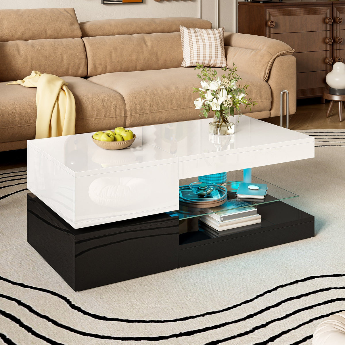 Modern Coffee Table with LED Ambient Lighting, Glass Shelf, High-Gloss Surface, Black and White