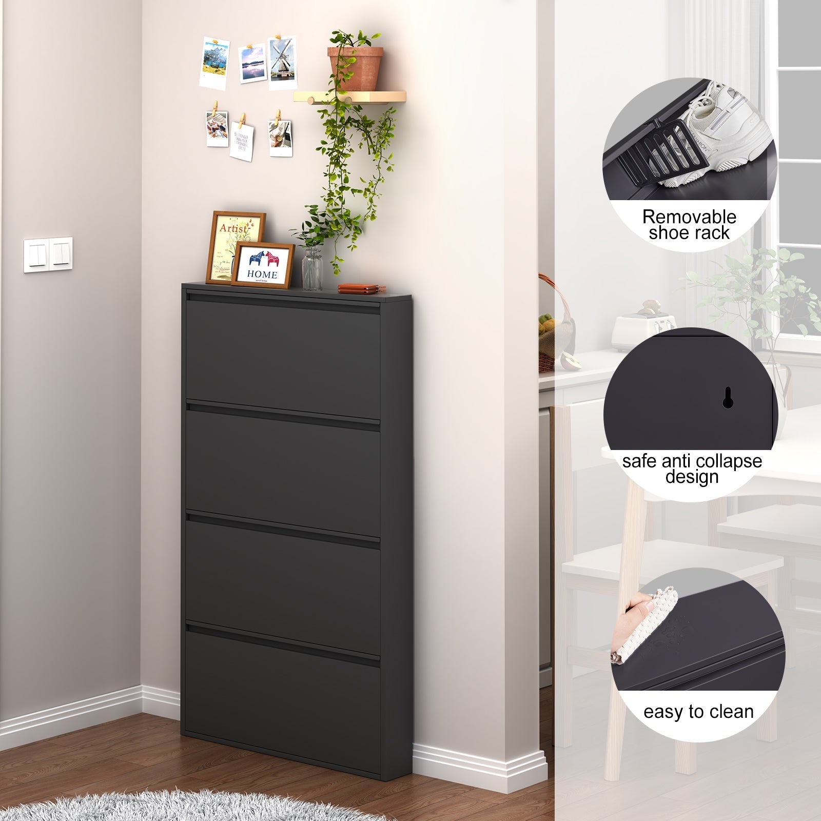 Metal Shoe Cabinet 4 Flip Drawers Narrow Wall Mount Black