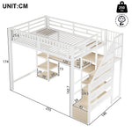 Loft Bed with Desk, Storage Ladder, LED Lights and USB Port, White Metal and MDF