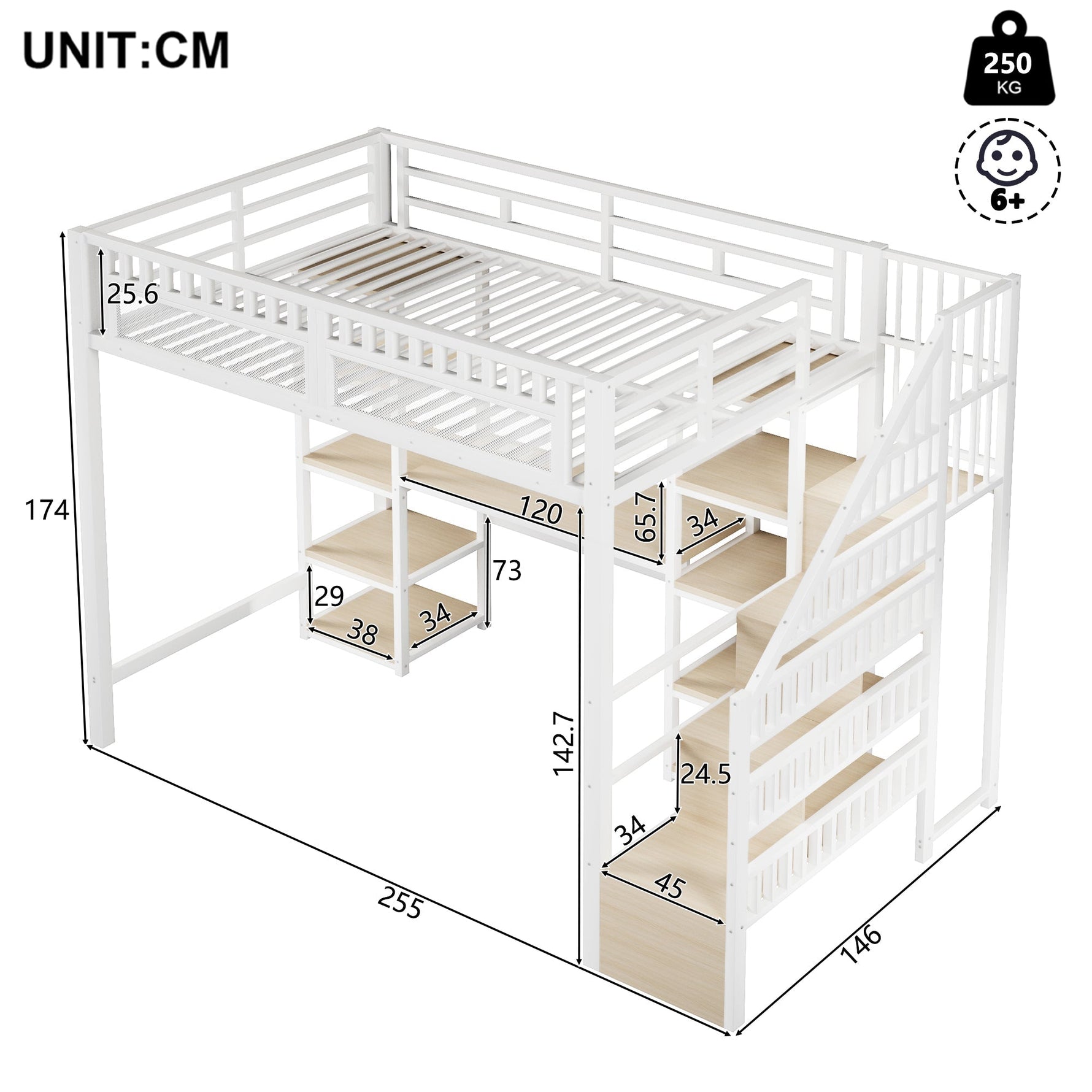 Loft Bed with Desk, Storage Ladder, LED Lights and USB Port, White Metal and MDF