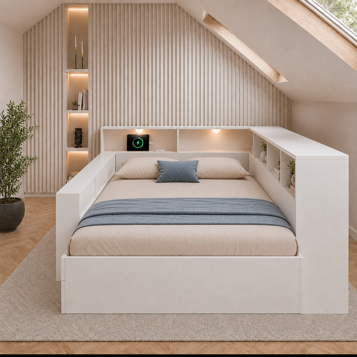 Wooden Double Bed 140x190cm with Storage & USB, White