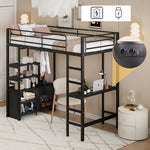 Loft Bed 90x200cm with Desk, Outlets & Shelves, Black Iron