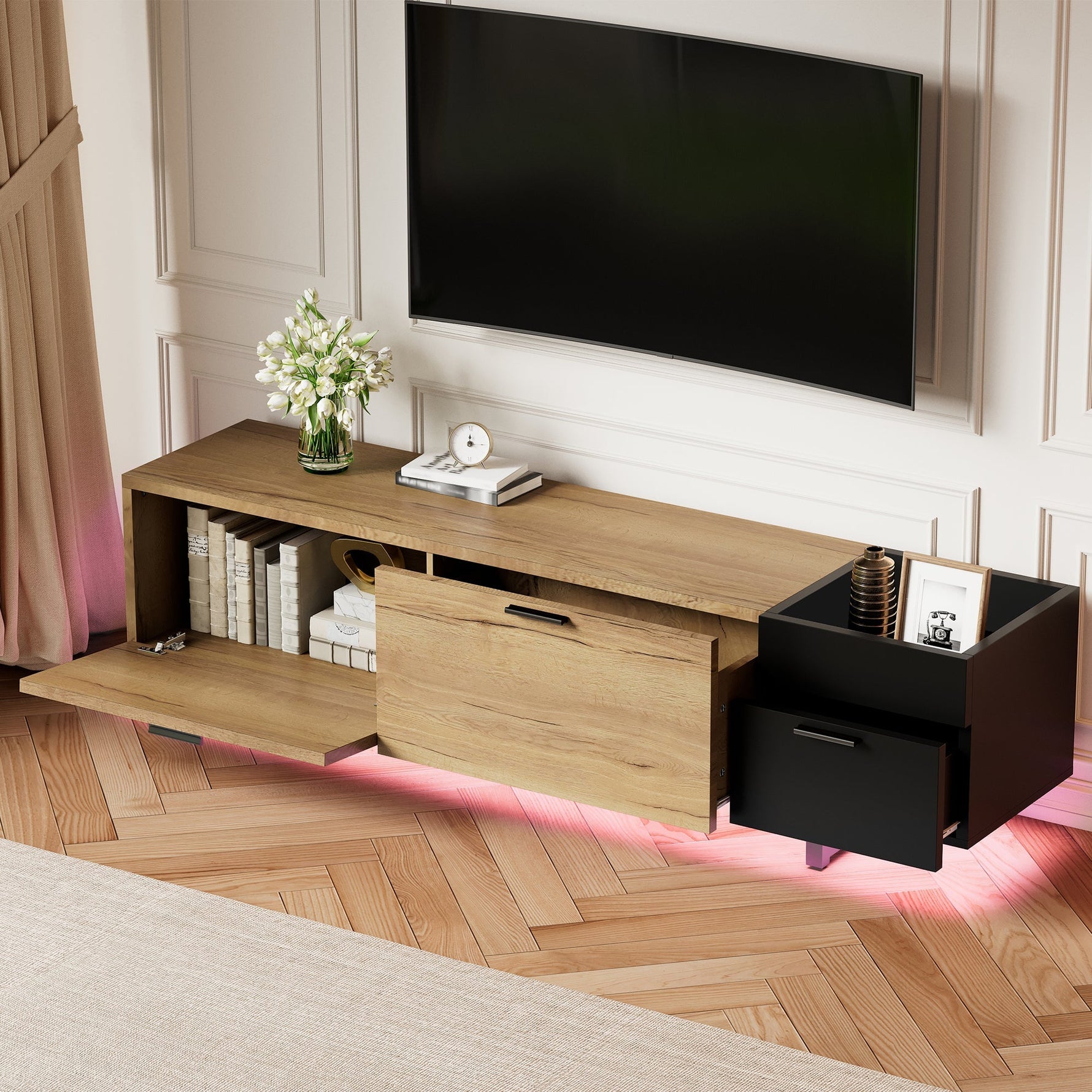Modern TV Cabinet with Drawers and Open Compartments, Wood and Black
