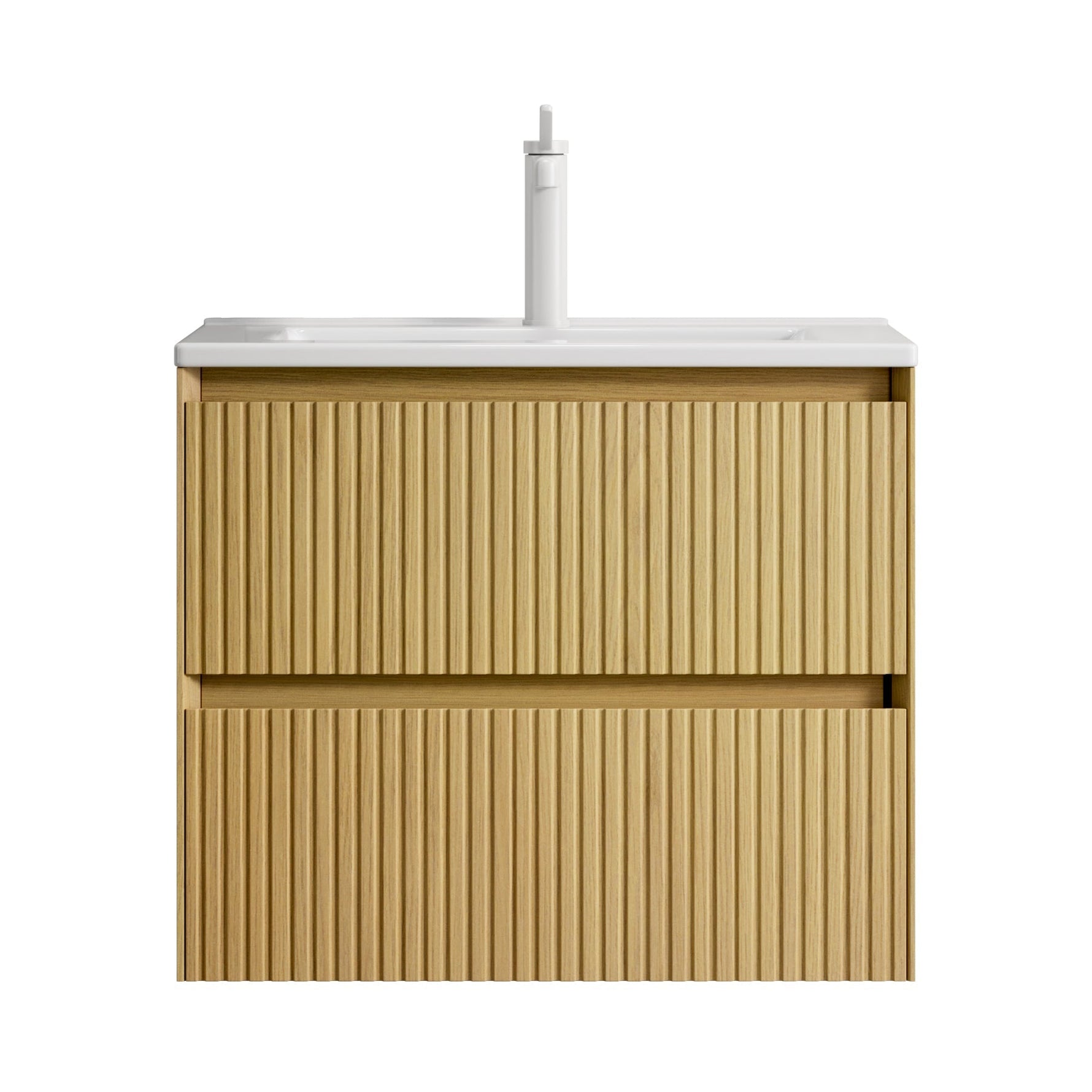 Wall-mounted Bathroom Vanity Unit with Ceramic Sink and 2 Drawers, Collora Wood Grain