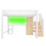 Metal Loft Bed with Desk, Shelf, Wardrobe and Storage Stairs, 140x200cm, White