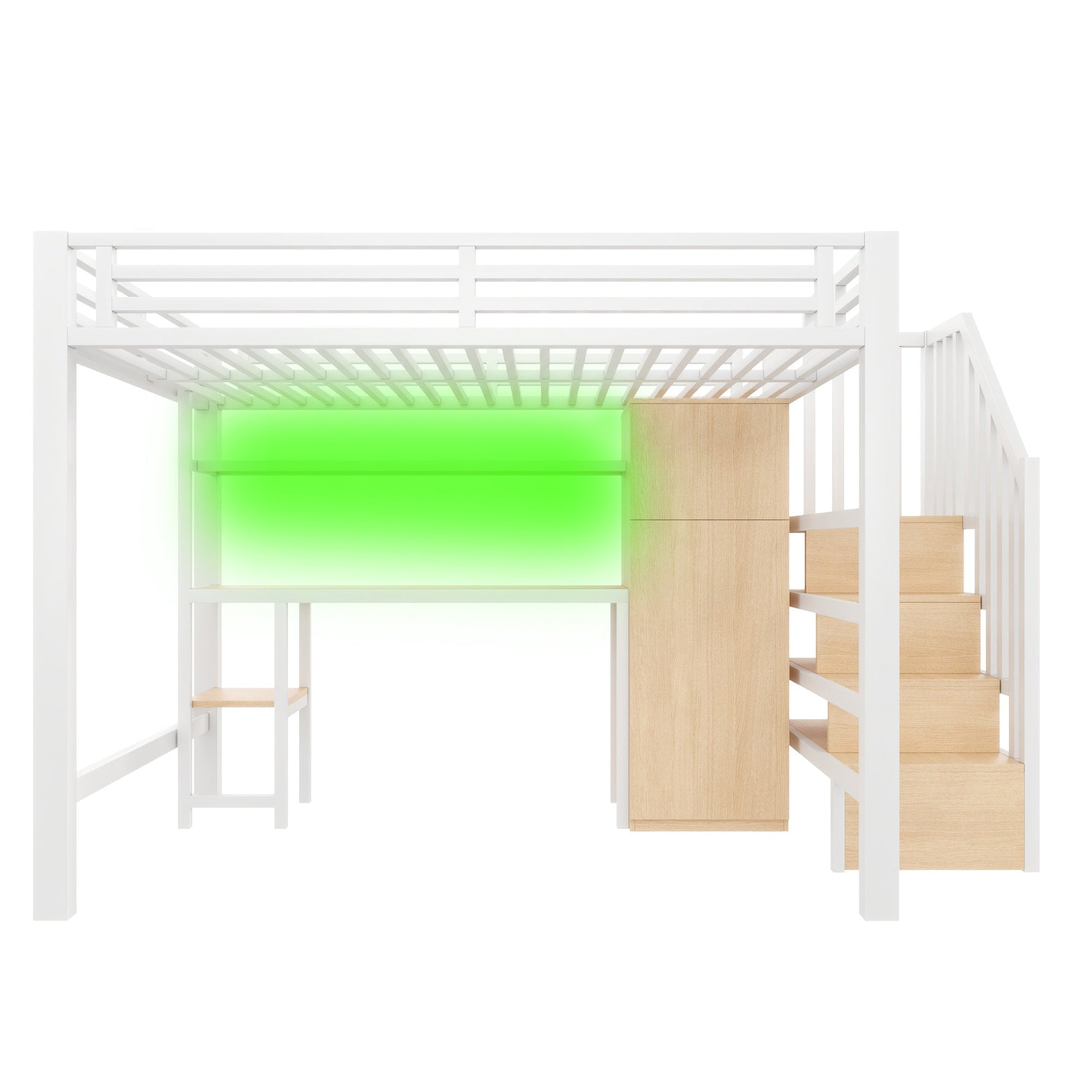Metal Loft Bed with Desk, Shelf, Wardrobe and Storage Stairs, 140x200cm, White