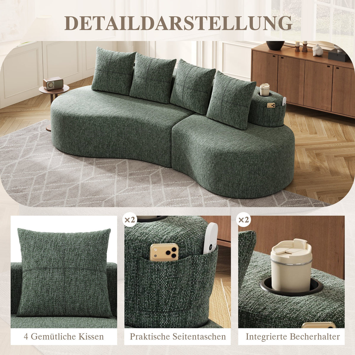 Linen Sofa with 4 Cushions, Cup Holder and Side Pocket, Green