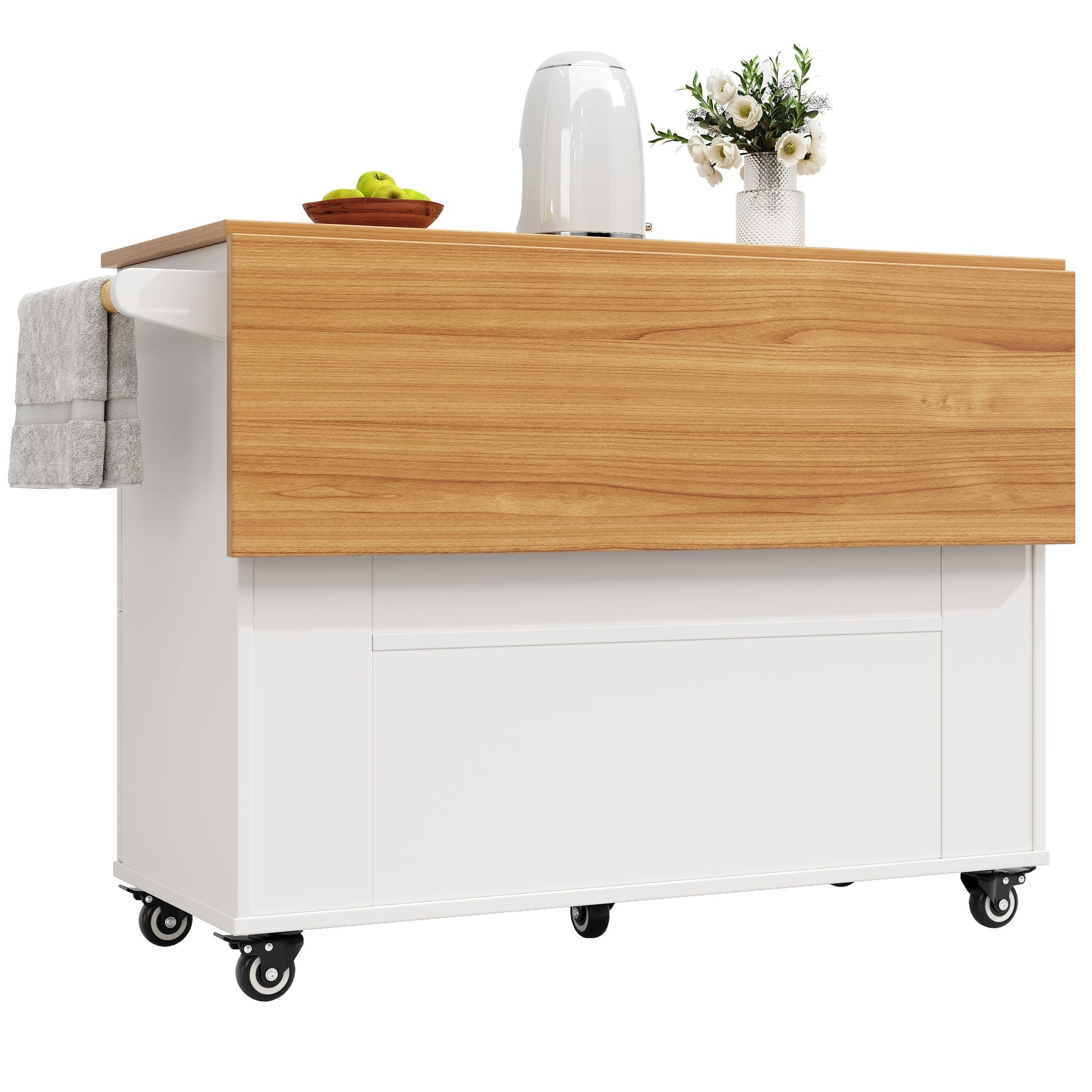 Modern Kitchen Island Extendable Dining Table Storage & Mobile - White