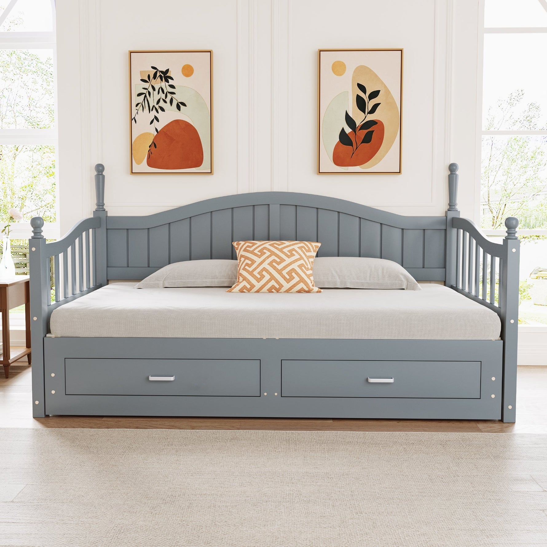 Pull-Out Sofa Bed, Solid Wood with Drawers & Slatted Frame, Pine Wood, Grey