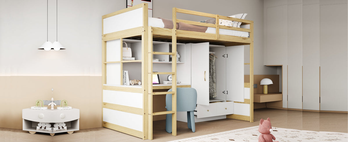 Loft Bed, 90x200cm with Ladder, Desk, Wardrobe & Drawers, Wood Color