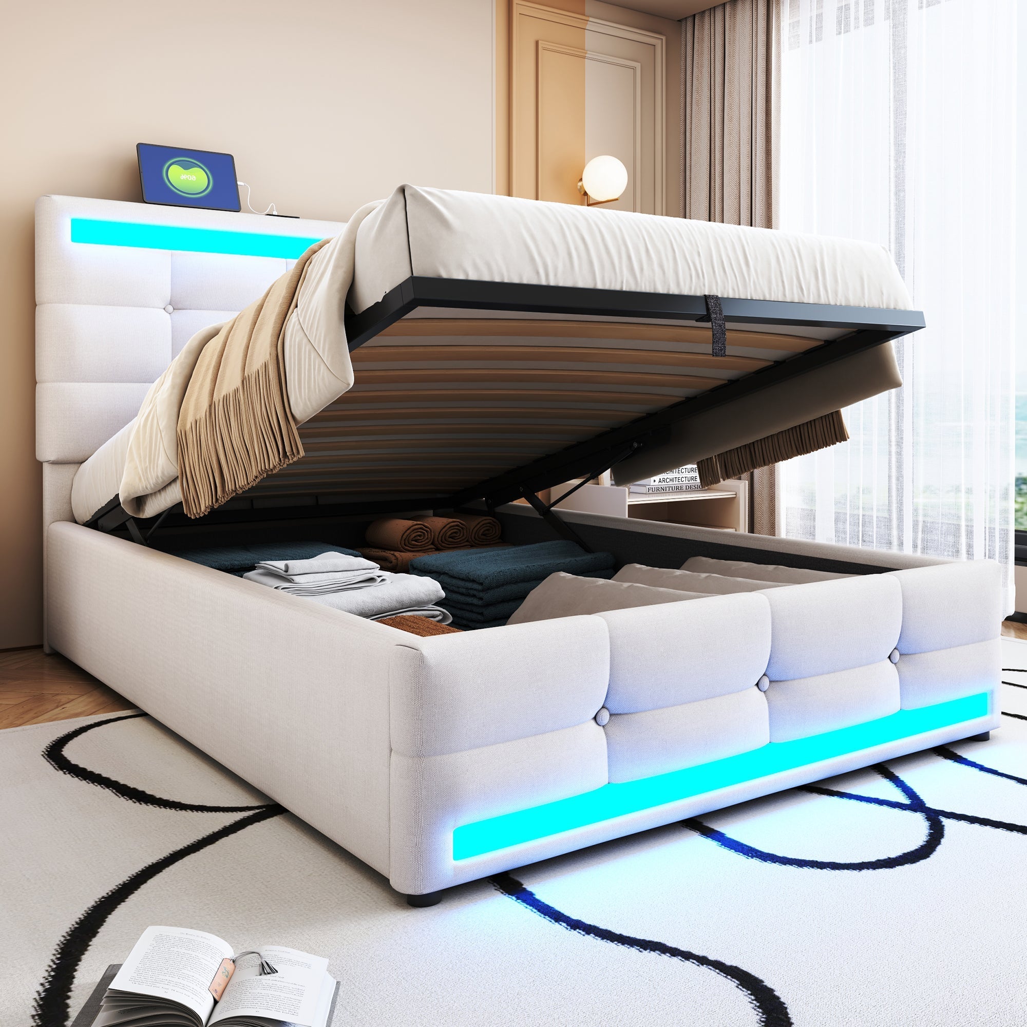 Upholstered Bed 90x200 Hydraulic Storage USB LED Light Strip, Beige Linen