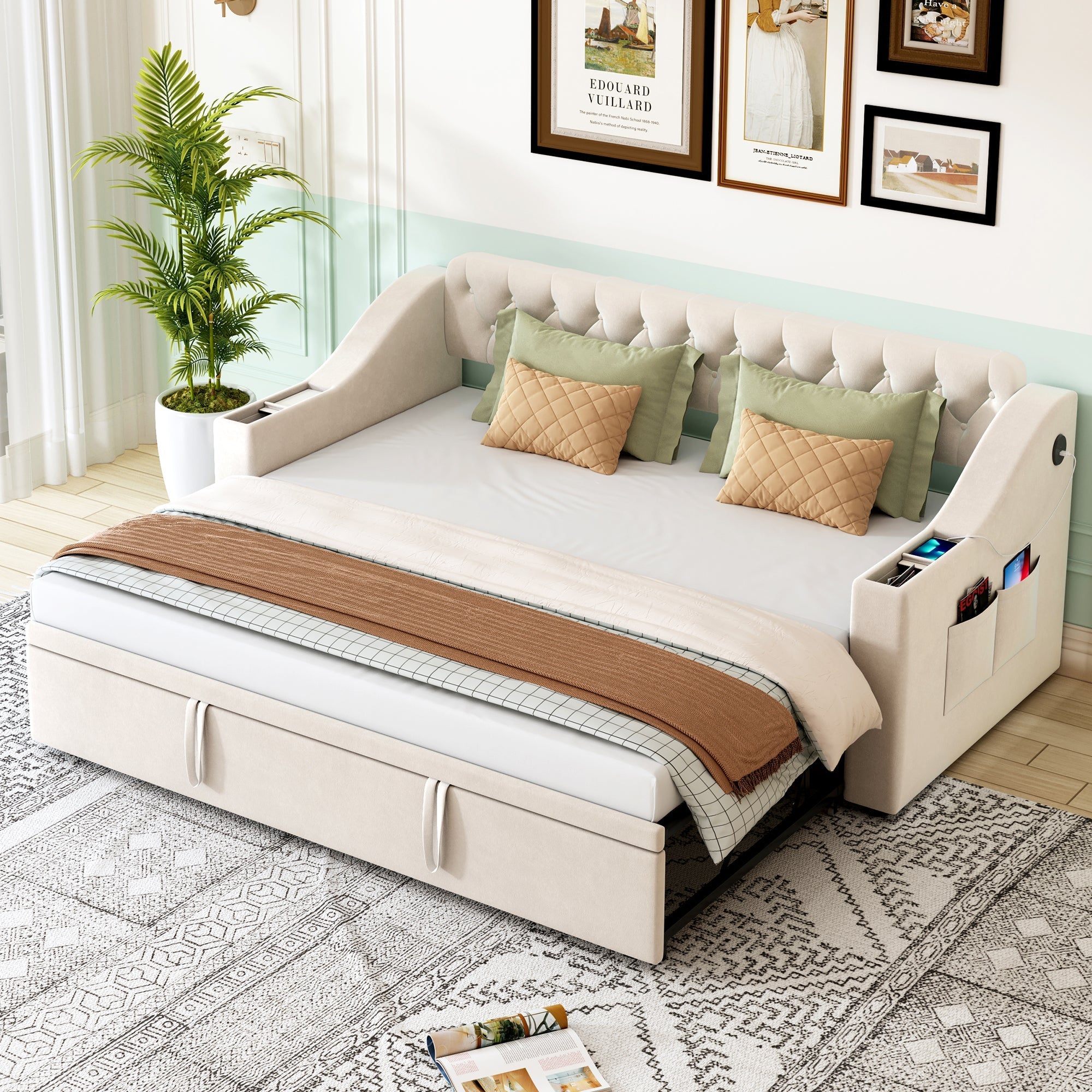 Upholstered Sofa Bed, 90/180*190cm, USB Charging, Storage, Velvet Beige