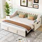 Upholstered Sofa Bed, 90/180*190cm, USB Charging, Storage, Velvet Beige