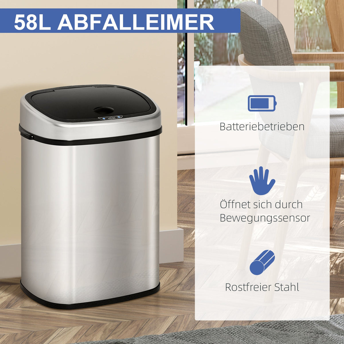 Trash Can 58L Automatic Waste Bin with Infrared Sensor, Stainless Steel Silver