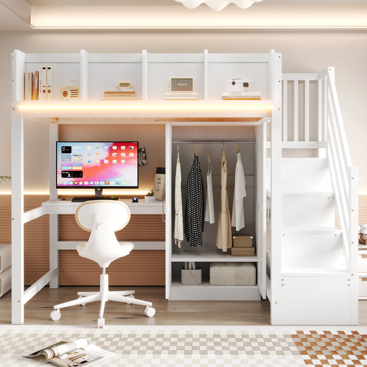 Multifunctional Loft Bed 90x200cm with Desk & Wardrobe, White