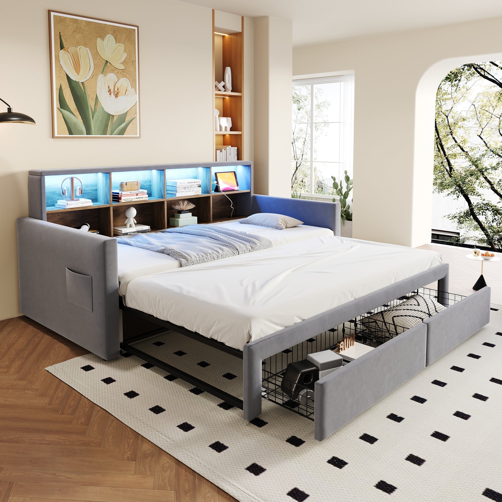 Extendable Upholstered Sofa Bed with LED Headboard, Storage and Charging Ports, Light Grey Velvet