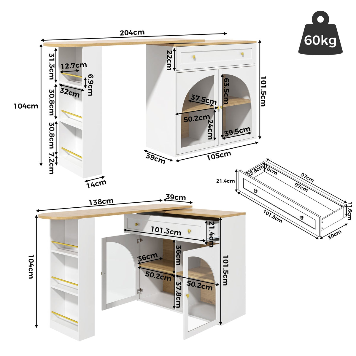 Bar Table Extendable 360° Rotating Storage with Shelves & Glass - White