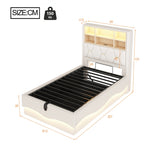Children's Bed 90×200cm Hydraulic Storage LED USB Port, Linen Beige