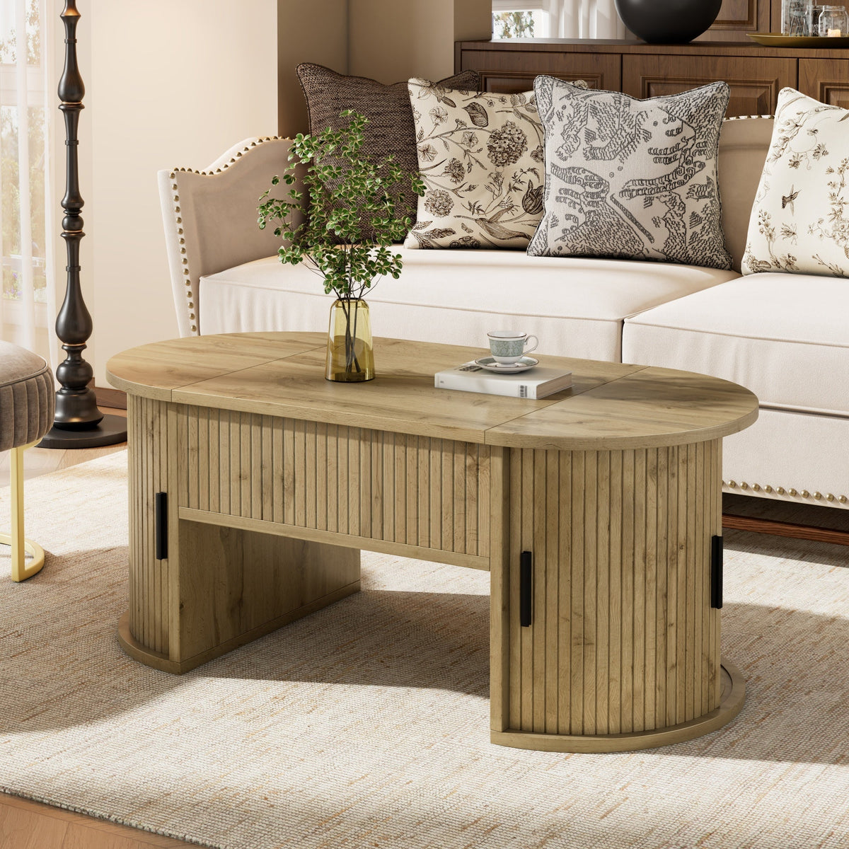 Modern Height-Adjustable Coffee Table with Hidden Storage and Sliding Doors, Wood