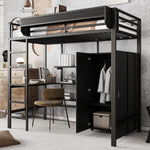 Iron Bunk Bed with Table, Wardrobe, Storage, 5-Step Ladder, 90x200cm - Black Iron/Chipboard