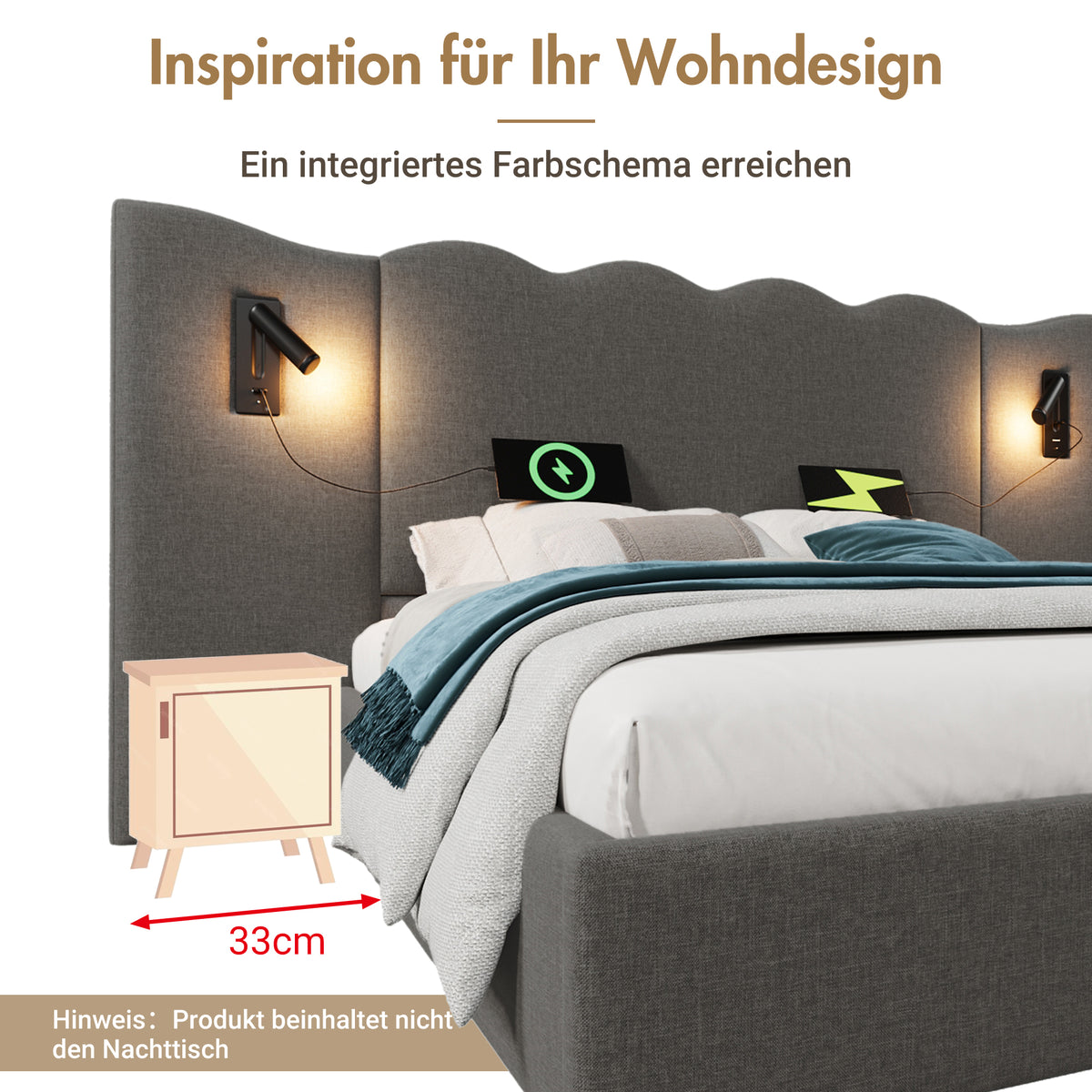 Upholstered Double Bed 180x200 with Storage, Lamp & USB, Grey Linen