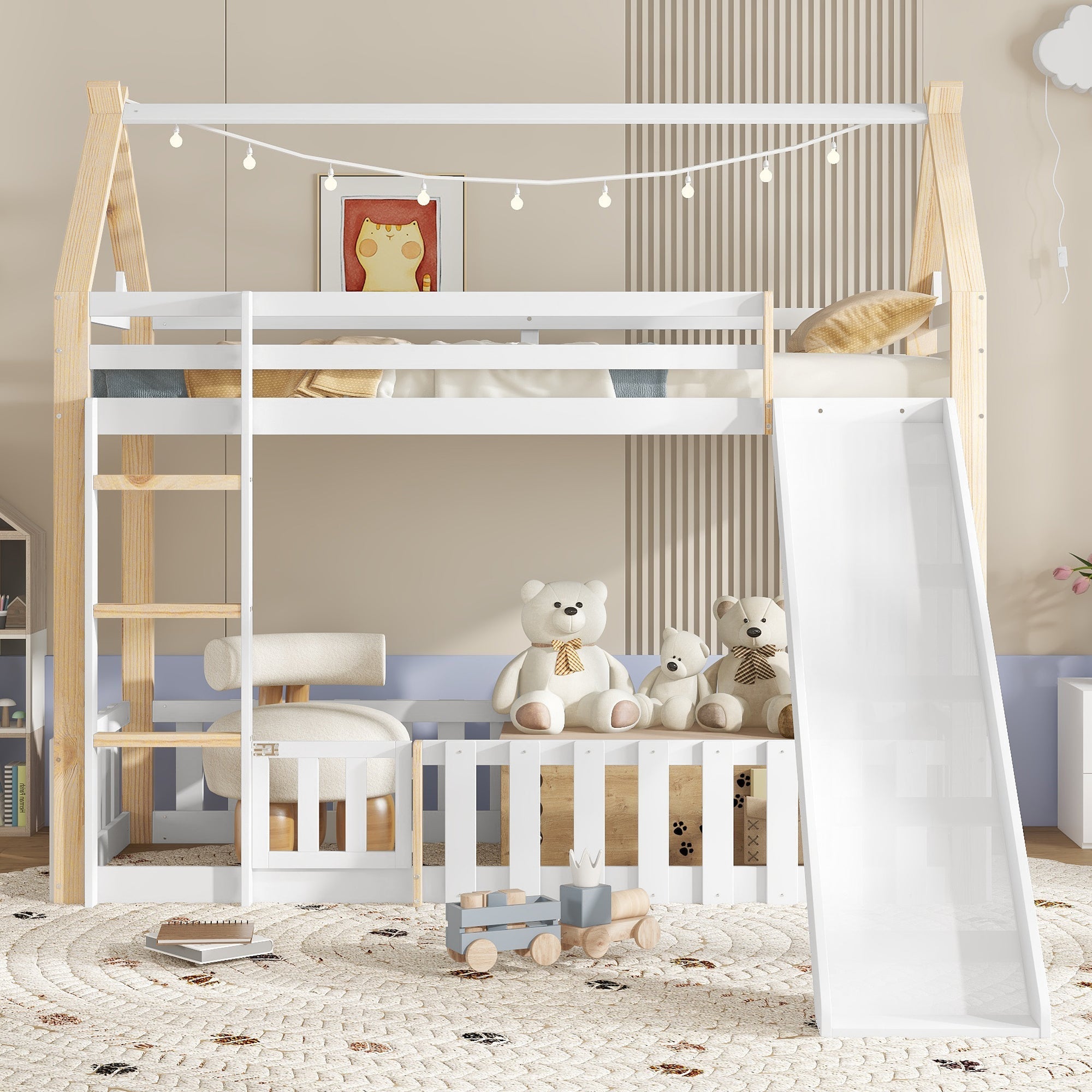 Bunk Bed with Slide & Ladder, Roof Shape, Pine + MDF + Plywood, White + Natural