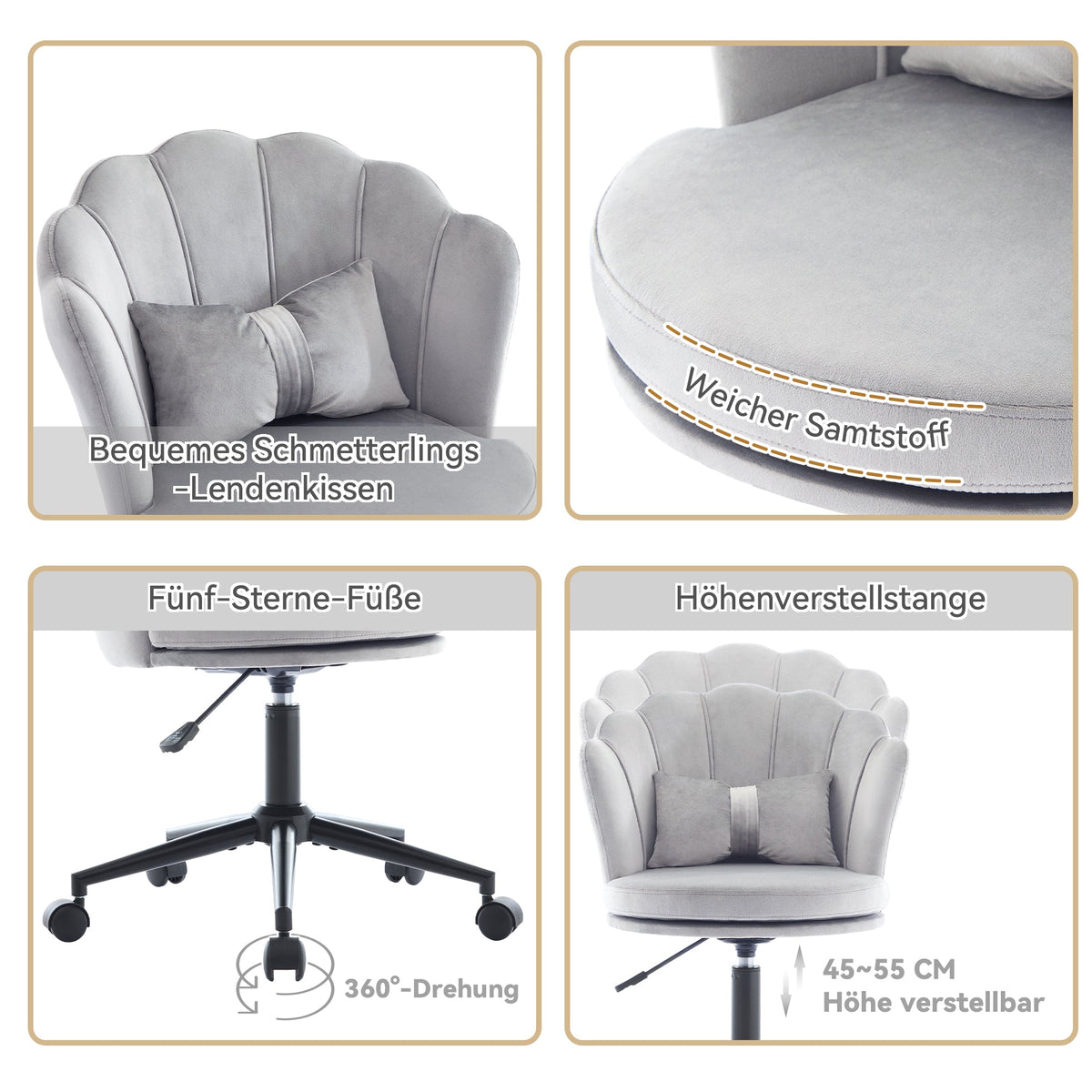 Dressing/Office Chair, Petal Backrest Butterfly Lumbar Cushion Height Adjustable, Soft Seat Cushion